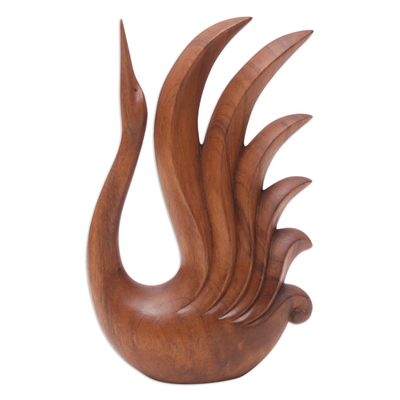 Wood sculpture, 'Divine Swan' - Hand-Carved Brown Suar Wood Sculpture of Elegant Swan