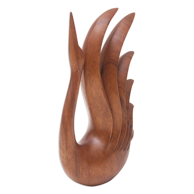 Escultura de madera - Escultura de Cisne Elegante en Madera de Suar Marrón Tallada a Mano