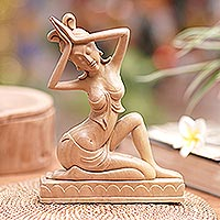 Wood sculpture, 'Praying Lady' - Hand-Carved Hindu Crocodile Wood Sculpture of Praying Woman