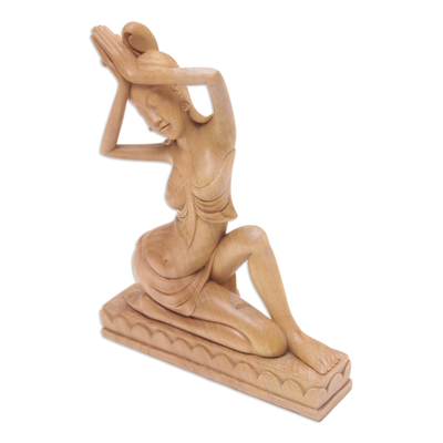 Escultura de madera - Escultura de madera de cocodrilo hindú tallada a mano de una mujer rezando