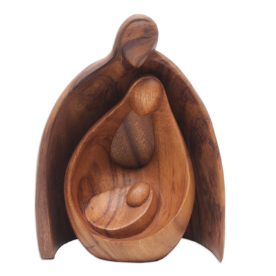 Wood sculpture, 'Family Hug' - Hand-Carved Suar Wood Family Sculpture from Bali