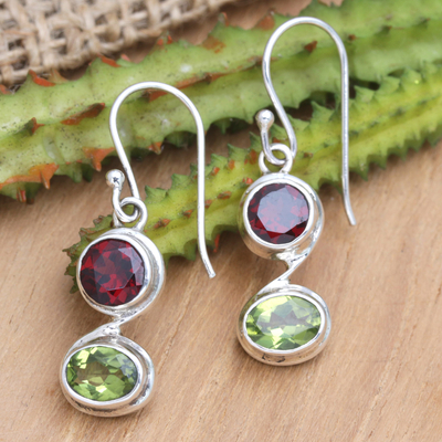 Garnet and peridot dangle earrings, 'Crimson Success' - Two-Carat Sterling Silver Dangle Earrings with Faceted Gems