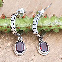 Garnet half-hoop earrings, 'Crimson Cuddle' - Sterling Silver Half-Hoop Earrings with Faceted Garnet Gems