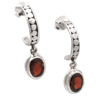 Sterling Silver Half-Hoop Earrings with Faceted Garnet Gems