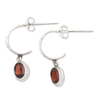 Garnet half-hoop earrings, 'Crimson Cuddle' - Sterling Silver Half-Hoop Earrings with Faceted Garnet Gems