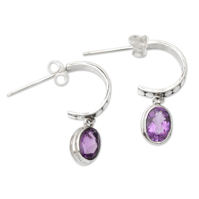 Amethyst half-hoop earrings, 'Purple Cuddle' - Sterling Silver Half-Hoop Earrings with Amethyst Gems