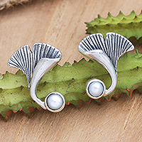 Cultured pearl button earrings, 'Pearly Mushroom' - Sterling Silver Mushroom Button Earrings with Grey Pearls