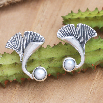 Aretes de perlas cultivadas - Pendientes Botón Seta en Plata de Ley con Perlas Grises