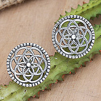 Sterling silver button earrings, 'Round Chakras' - Handcrafted Sterling Silver Chakra Button Earrings