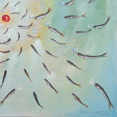 'To The Red Point' - Oil on Canvas Surrealist Painting of Fish from Indonesia