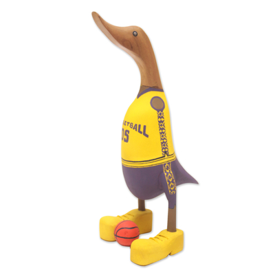 Wood sculpture, 'Champion Duck' - Handcrafted Wood Sculpture of Basketball Player Duck