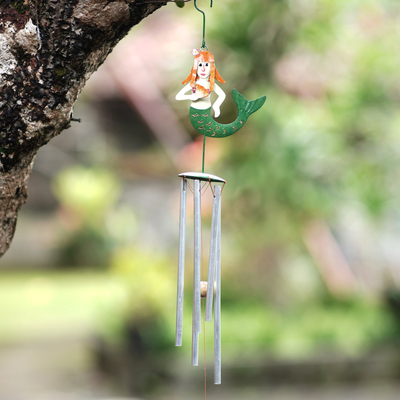 Windspiel aus Eisen, 'Mermaid Garden' - Meerjungfrauen-Windspiel aus Eisen und Aluminium, handbemalt in Bali