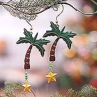 Iron ornaments, 'Coconut Trees' (pair) - Pair of Coconut Tree Hand-Painted Iron Christmas Ornaments