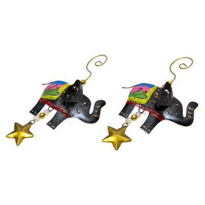 Iron ornaments, 'Rainbow Elephants' (pair) - Two Elephant Iron Christmas Ornaments Hand-Painted in Bali