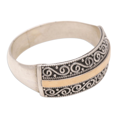 Gold-accented band ring, 'Classic Nobility' - Balinese 18k Gold-Accented Band Ring with Spiral Motifs