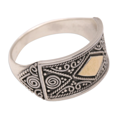 Gold-accented domed ring, 'Royal Rhombus' - 18k Gold-Accented Sterling Silver Geometric Domed Ring