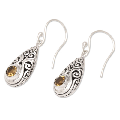 Citrine dangle earrings, 'Tears of Jubilation' - Balinese Sterling Silver Dangle Earrings with Citrine Stones