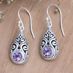 Amethyst dangle earrings, 'Tears of Wisdom' - Balinese Sterling Silver Dangle Earrings with Amethyst Gems