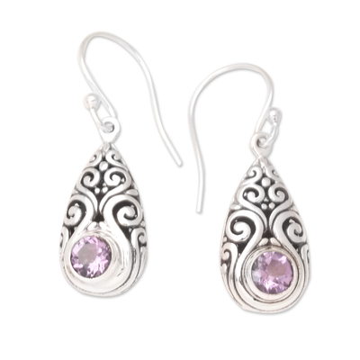 Amethyst dangle earrings, 'Tears of Wisdom' - Balinese Sterling Silver Dangle Earrings with Amethyst Gems
