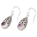 Amethyst dangle earrings, 'Tears of Wisdom' - Balinese Sterling Silver Dangle Earrings with Amethyst Gems