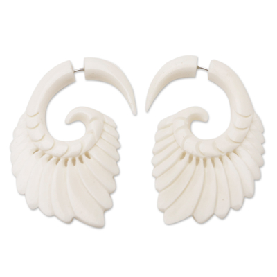 Hand-carved drop earrings, 'Divine Wings' - Wing Drop Earrings with Stainless Steel Clasps