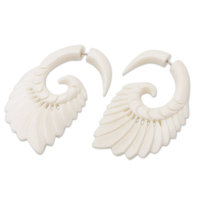 Hand-carved drop earrings, 'Divine Wings' - Wing Drop Earrings with Stainless Steel Clasps