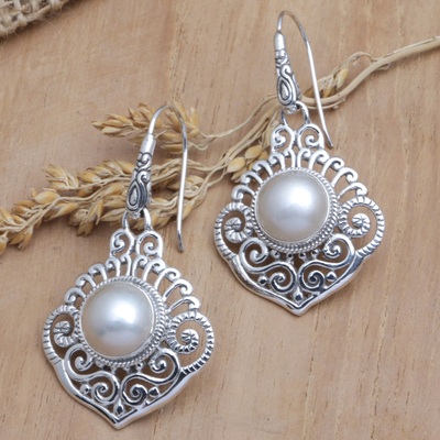 Aretes colgantes de perlas cultivadas - Pendientes Colgantes de Plata de Ley con Perlas Blancas de Bali