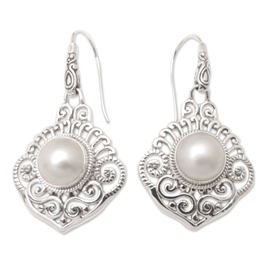 Aretes colgantes de perlas cultivadas - Pendientes Colgantes de Plata de Ley con Perlas Blancas de Bali