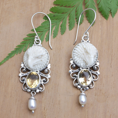 Citrine and cultured pearl dangle earrings, 'Prosperity Eagle' - Eagle Dangle Earrings with Cultured Pearls and Citrine Gems