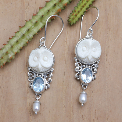 Ohrhänger aus Blautopas und Zuchtperlen - Eulen-Ohrhänger mit Perlen und 3-Karat-Blautopas-Edelsteinen