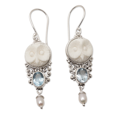 Blue topaz and cultured pearl dangle earrings, 'Sage's Loyalty' - Owl Dangle Earrings with Pearls and 3-Carat Blue Topaz Gems