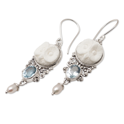 Blue topaz and cultured pearl dangle earrings, 'Sage's Loyalty' - Owl Dangle Earrings with Pearls and 3-Carat Blue Topaz Gems