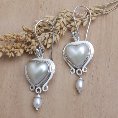 Cultured pearl dangle earrings, 'Innocent Passion' - Romantic Sterling Silver Dangle Earrings with Pearls