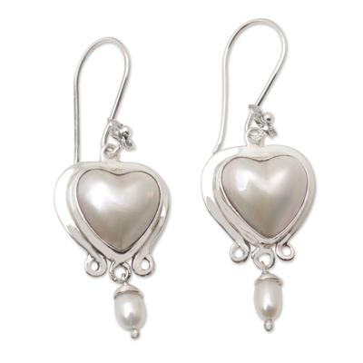 Cultured pearl dangle earrings, 'Innocent Passion' - Romantic Sterling Silver Dangle Earrings with Pearls