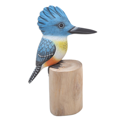 Wood statuette, 'Belted Kingfisher' - Teak & Suar Wood Bird Statuette Carved and Painted by Hand