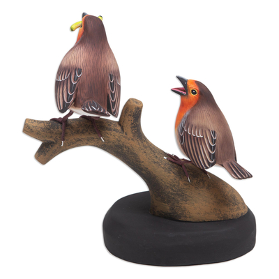 Escultura de madera - Escultura de Pájaro en Madera de Teca y Suar Tallada y Pintada a Mano
