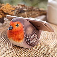 Soporte para teléfono de madera, 'Robin's Call' - Soporte para teléfono móvil Wood Bird tallado y pintado a mano