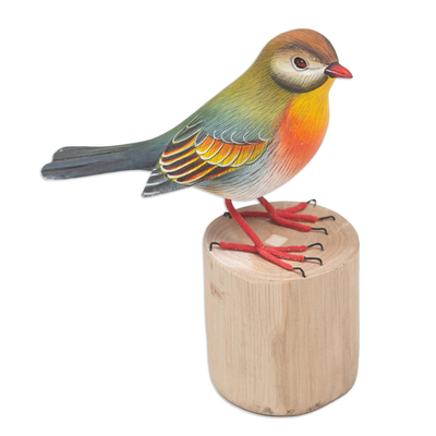 Hand-Carved and Hand-Painted Teak & Suar Wood Bird Statuette