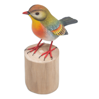 Wood statuette, 'Warbler' - Hand-Carved and Hand-Painted Teak & Suar Wood Bird Statuette