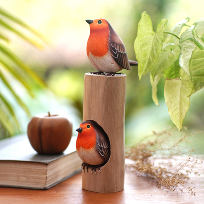 Wood sculpture, 'Robin's Apartment' - Hand-Carved and Hand-Painted Teak & Suar Wood Bird Sculpture