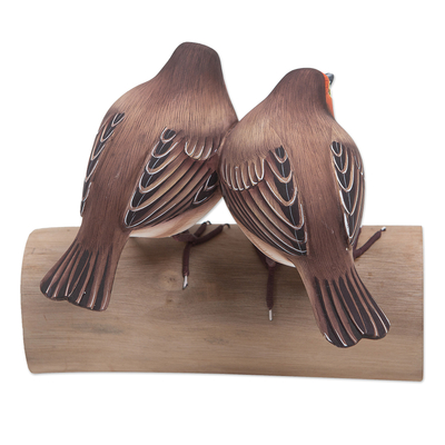 Wood statuette, 'Robin's Best Friend' - Teak & Suar Wood Bird Statuette Carved and Painted by Hand