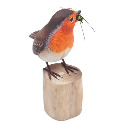 Wood statuette, 'Robin's Meal' - Hand-Carved and Hand-Painted Teak & Suar Wood Bird Statuette