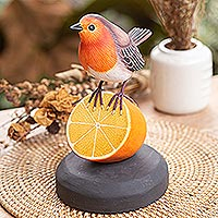 Wood statuette, 'Robin With Orange' - Teak & Suar Wood Bird Statuette Carved and Painted by Hand