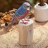 Estatuilla de madera, 'Starling Spreeuw' - Estatuilla de pájaro de madera de teca y suar tallada y pintada a mano