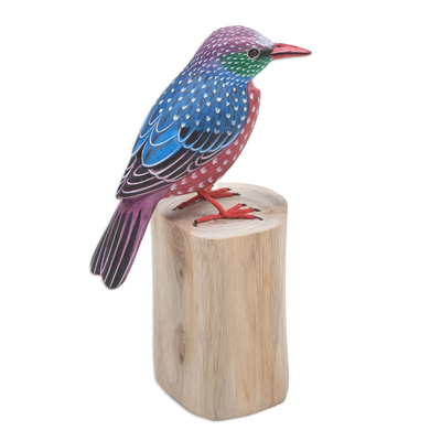 Wood statuette, 'Starling Spreeuw' - Teak & Suar Wood Bird Statuette Carved and Painted by Hand