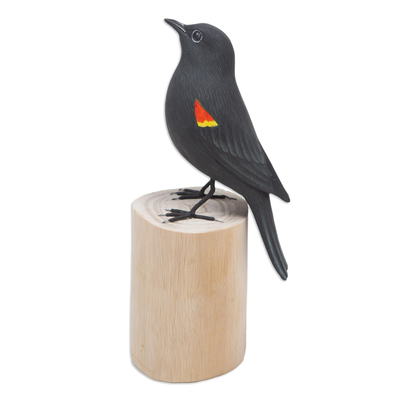 Wood statuette, 'The Red-Winged Blackbird' - Hand-Carved and Hand-Painted Teak & Suar Wood Bird Statuette