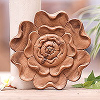 Wood relief panel, 'Petal Awakening' - Floral Suar Wood Relief Panel in Brown Hand-Carved in Bali