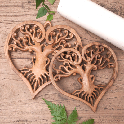 Wood relief panels, 'Roots of Love' (set of 2) - Set of 2 Heart-Shaped Suar Wood Relief Panels from Bali