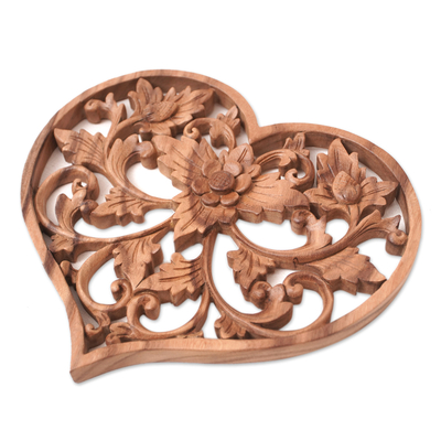 Wood relief panel, 'Classic Passion' - Hand-Carved Balinese Heart-Shaped Wood Relief Panel