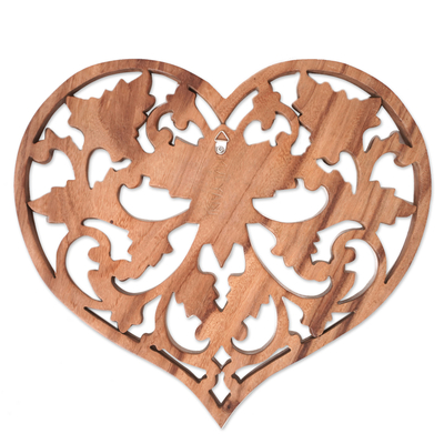Wood relief panel, 'Classic Passion' - Hand-Carved Balinese Heart-Shaped Wood Relief Panel